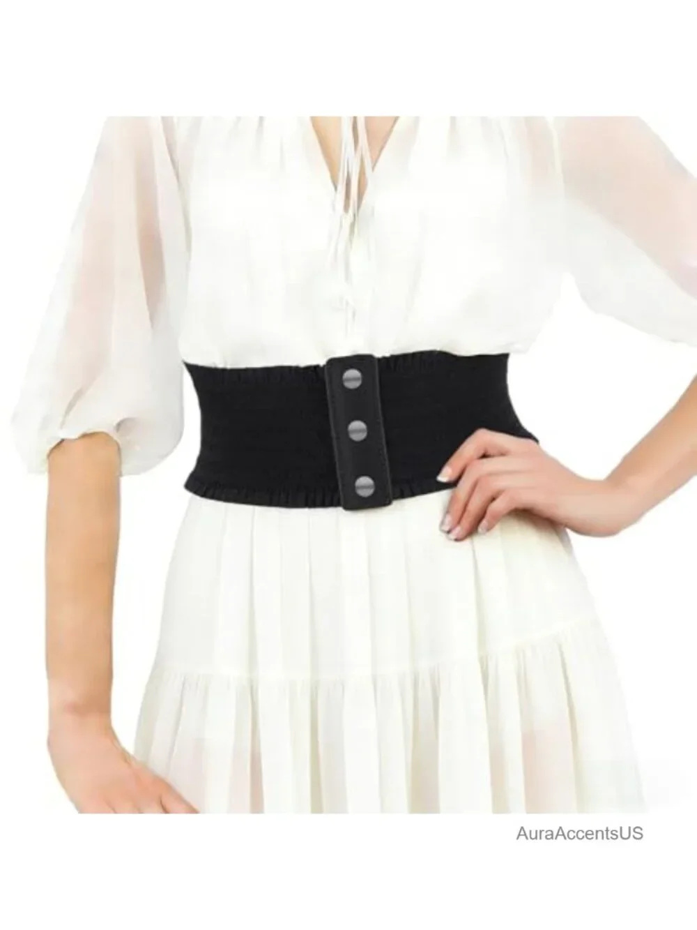 Wide Elastic Waist Belt with Snap Fastener for Dresses